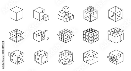 Collection of various cube outline icons, editable stroke, perfect for infographics, articles, books, flyers, banners, vector cartoon illustration with a transparent background, representing