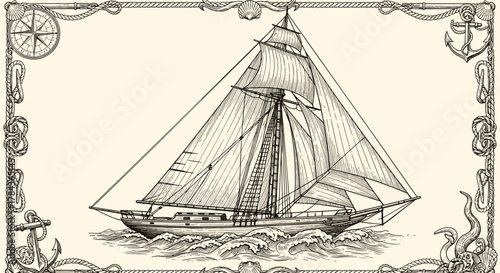 Vintage sailboat engraving illustration with classic nautical design elements including a compass, anchor, ropes, and tentacles, depicting a majestic schooner sailing on rough seas in a detailed