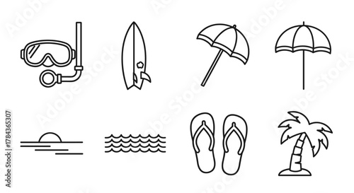 Collection of outline icons representing summer vacation and beach activities, including a diving mask and snorkel, surfboard, beach umbrella, flip-flops, palm tree, ocean waves, and a sunset over