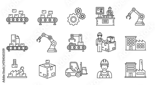Factory line icons collection, outline signs for graphic and web design, apps, adverts, various cards, vector cartoon illustration with a white background. Industrial automation, manufacturing