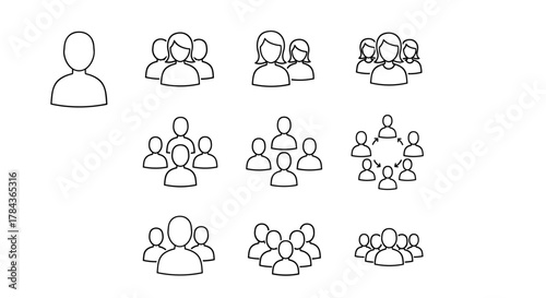 Collection of diverse faceless people outline icons, representing individuals and groups in various formations, ideal for graphic design, web development, app interfaces, advertising, and