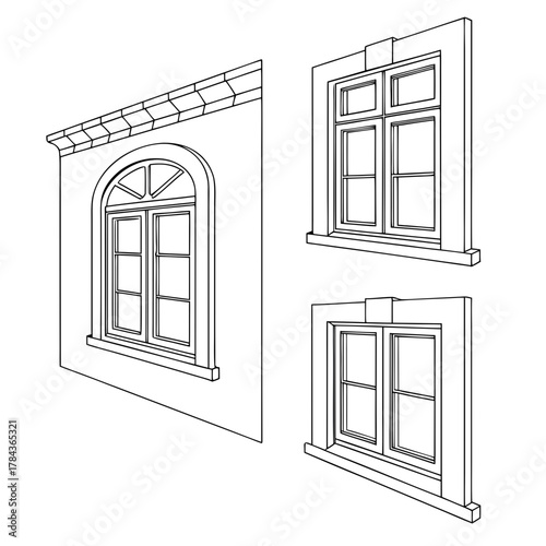 Three outlined architectural window designs with detailed frames