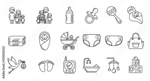 Modern outline-style icons representing family, baby care, and childhood essentials, perfect for design projects, cards, apps, and social networks, presented as a clean vector cartoon illustration on