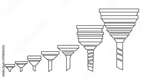 Collection of outline funnel signs in increasing size, perfect for infographics, articles, books, flyers, and banners. This vector cartoon illustration features editable stroke and a clean white