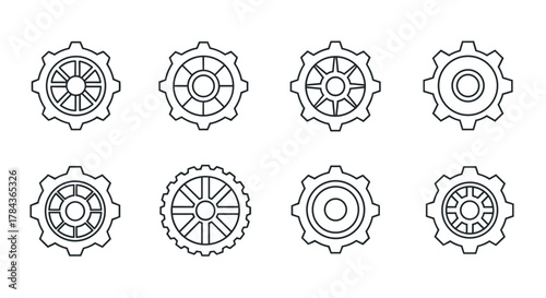 Set of eight different line art gear and cogwheel icons, presented as a bundle. These outline signs are perfect for graphic and web design, apps, advertisements, and various cards, offering a
