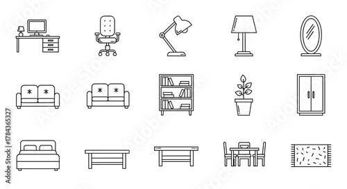 Collection of simple line art icons representing furniture and interior design elements, perfect for banners, infographics, and articles. Includes workplace desk, office chair, table lamp, floor