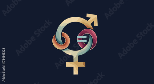 Symbolizing gender equality and feminism, this vector illustration features intertwined male and female symbols with an equality sign, rendered in warm, gradient colors against a dark blue