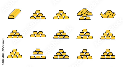 Collection of gold bar icons in various stacked arrangements, perfect for infographics, articles, books, flyers, and banners. This vector cartoon illustration features editable strokes and a clean