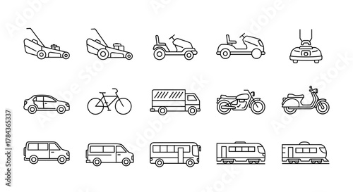Collection of diverse transportation and gardening vehicle line art icons, featuring lawnmowers, cars, bicycles, trucks, motorcycles, scooters, vans, buses, and trains, presented as a clean, ordered