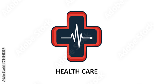 Modern healthcare logo featuring a red and dark blue cross with a white electrocardiogram line inside, symbolizing life, health, and medical care, perfect for use in medical advertising, health apps