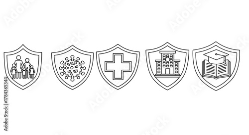 Set of five shield icons representing insurance and protection: family, virus, medical cross, business building, and graduation cap with book, ideal for graphic design and web use, symbolizing safety