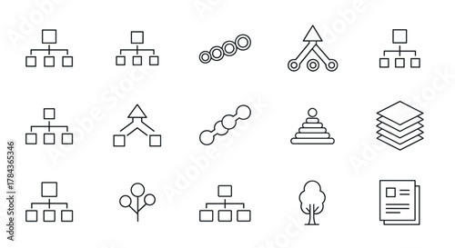 Collection of Thin Line Icons Representing Hierarchy, Organization, and Structure, Ideal for Web, Apps, and Print Media. This Vector Set Includes Flowcharts, Organizational Charts, Stacked Layers