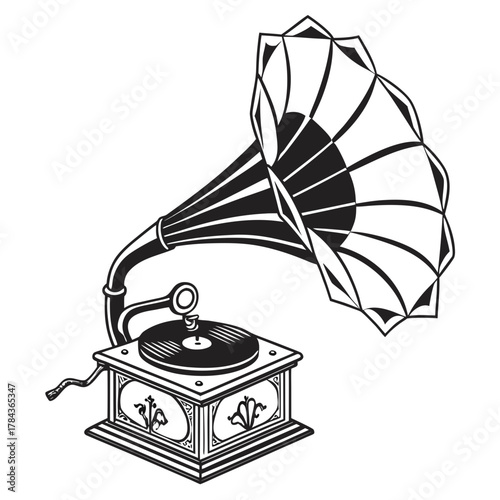 Vintage gramophone black and white vector illustration