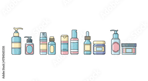 A clean and modern vector illustration featuring a collection of cosmetic bottles and jars with pumps and droppers, presented in a linear arrangement against a crisp white background, perfect for