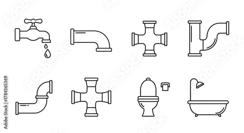 Collection of minimalistic line icons representing plumbing and bathroom elements, including a faucet with dripping water, various pipe fittings, a toilet, and a bathtub with a showerhead, perfect