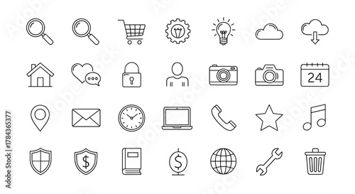 A comprehensive collection of 30 essential line icons, featuring a magnifying glass, shopping cart, gear, lightbulb, cloud, download, house, heart with chat bubbles, lock, user silhouette, camera