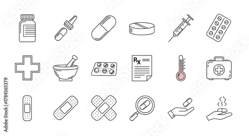 Collection of medical and pharmaceutical line icons, including pills, capsules, syringe, prescription, thermometer, first aid kit, mortar and pestle, and bandages, suitable for web, apps, and print