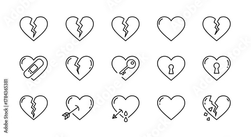 Collection of Broken Heart Related Line Icons, Outline Signs for Graphic and Web Design, Apps, Advertisements, Various Cards, Vector Cartoon Illustration with a White Background. This set includes