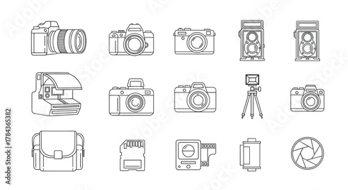 A collection of clean line art icons representing various photography equipment, including different types of cameras, a camera bag, a memory card, a film roll, a tripod, and a camera lens aperture