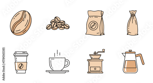 A collection of charming, hand-drawn outline illustrations featuring various coffee-related elements, including a single coffee bean, a pile of beans, a paper bag of coffee, a tied bag, a disposable