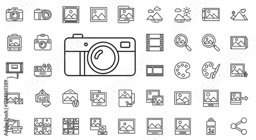 A comprehensive collection of line icons related to pictures and photography, featuring cameras, photo frames, film strips, editing tools like paint palettes, and image manipulation symbols, all