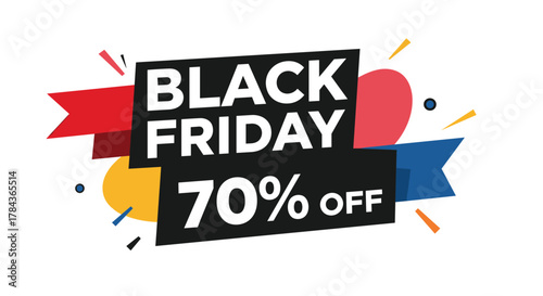 A vibrant Black Friday sale banner with 70% off text, surrounded by colorful abstract shapes and ribbons, promoting holiday shopping deals.