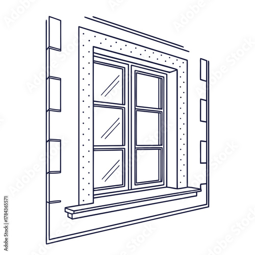 Dark blue outline of a multi pane window with sill