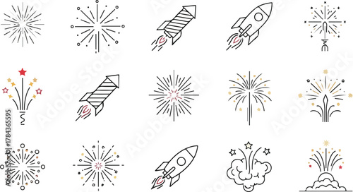 A vibrant collection of sleek line art icons featuring celebratory fireworks bursts, dynamic rocket launches, and festive explosion graphics, ideal for event promotion and holiday designs