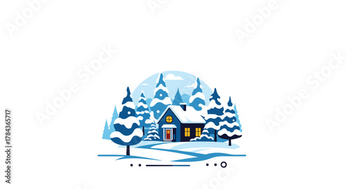 A charming house glows warmly in a serene winter landscape, surrounded by snow-covered pine trees and a winding snowy path.