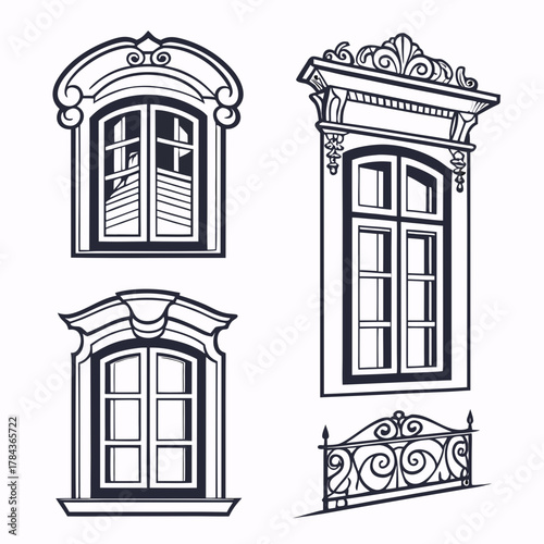 Four ornate vintage window frames and balcony railing