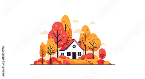 Peaceful autumn landscape with a charming house nestled among colorful trees and bushes, evoking a sense of home and nature.