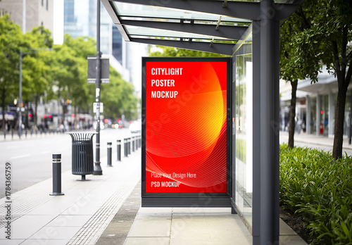 Vertical Citylight Poster Mockup in Urban Bus Stop