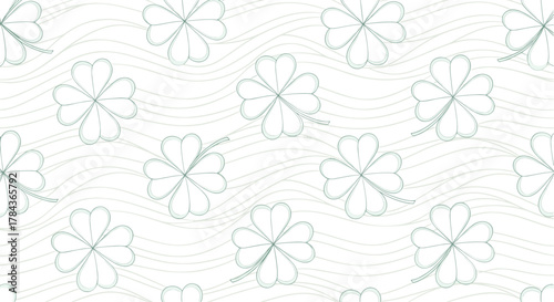 Seamless light green pattern featuring delicate outlined four-leaf clovers and gentle wavy lines on a clean white background.