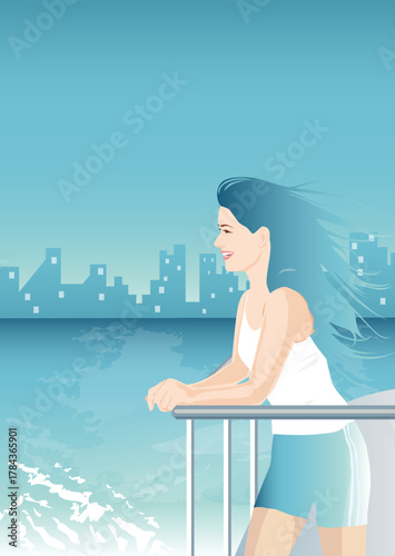 A woman standing on river view vector illustration.