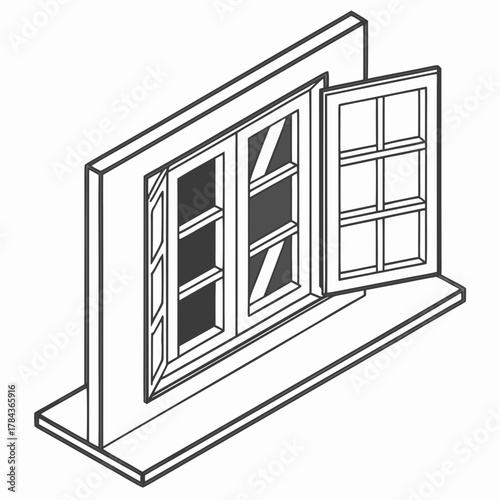 Isometric window with open shutters and sill vector