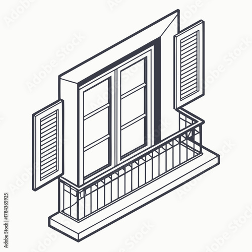 Isometric window with shutters and balcony railing