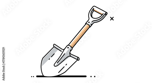 A modern, minimalist illustration depicts a D-handle shovel with a light wooden shaft and a metallic blade, poised as if digging into the ground.