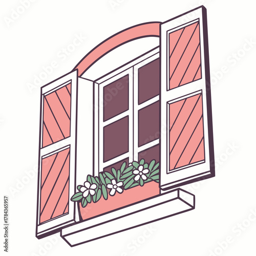 Open window with flower box and shutters flowers
