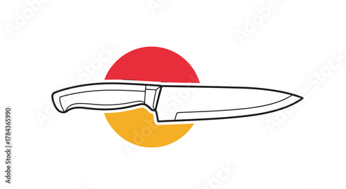 Stylized black outline drawing of a professional chef's knife, set against a backdrop of overlapping red and orange circles, symbolizing culinary preparation.