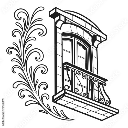 Ornate balcony window with decorative flourish scrollwork