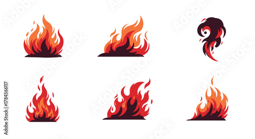 Various flat design cartoon vector illustrations of burning fire, flames, and dark smoke on a white background.