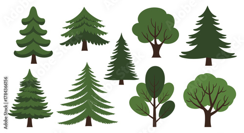 Various green tree illustrations set on a white background, featuring different shapes and species like conifers and broadleaf trees.