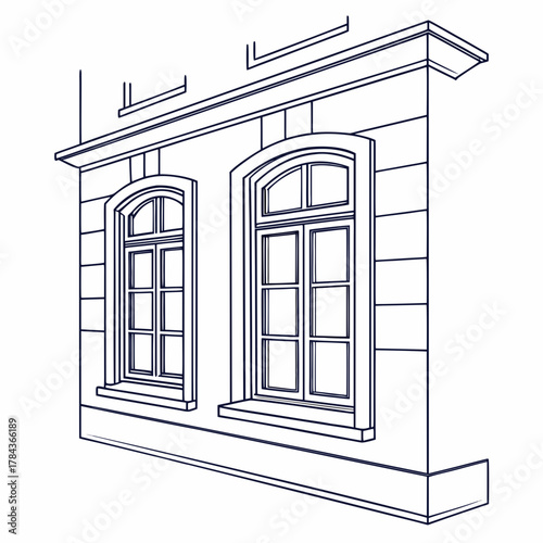 Two arched windows on a building exterior line drawing