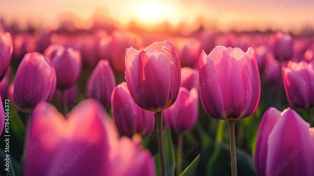 Obraz premium Panoramic view of colorful tulip fields glowing in warm spring sunlight