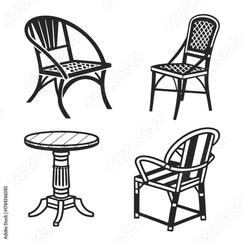 Four black silhouette chairs and table icons vector