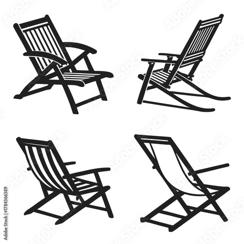 Four black silhouette deck chairs on white background