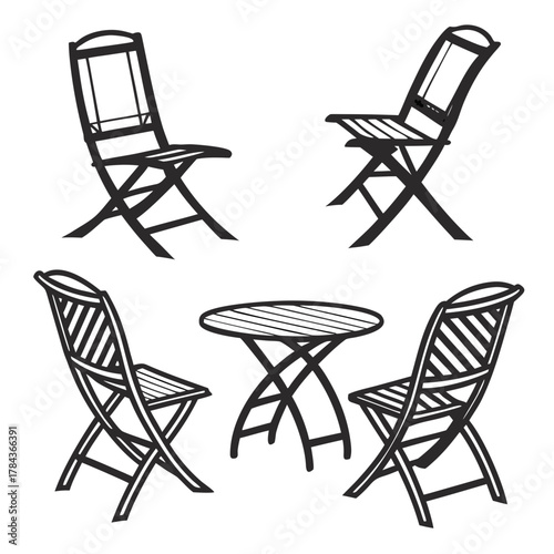 Four black silhouette folding chairs and table white