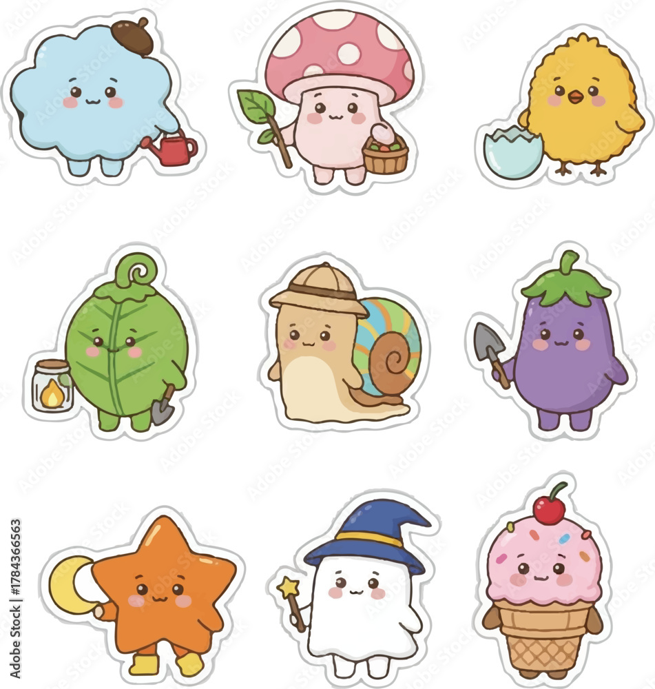 Obraz premium Magical Kawaii Characters and Cute Food Sticker Set