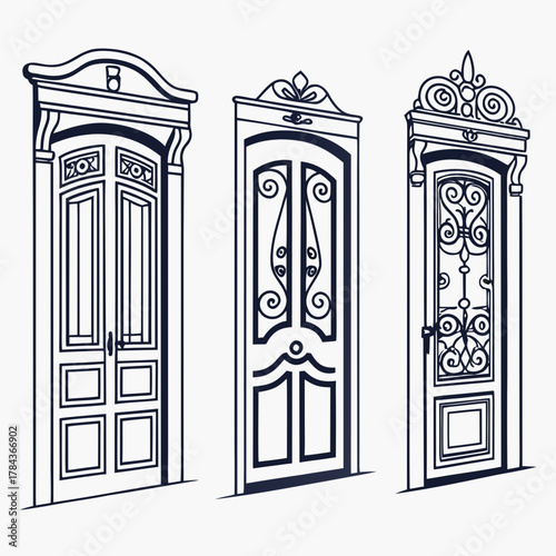 Three ornate vintage style doors with paneling and ironwork