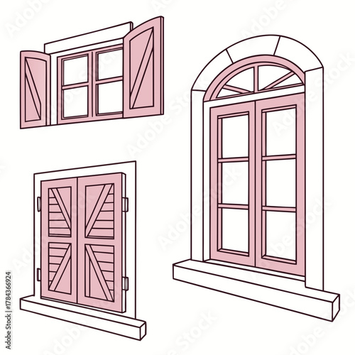 Three vector window icons with pink shutters and frames